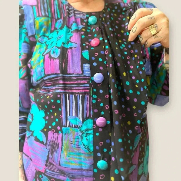 Vintage 80’s/90’s Colorful floral polka dot Living color geometric hip hop top - Picture 9 of 11